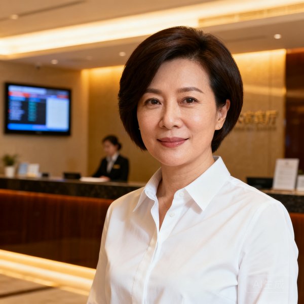 AG贵宾厅集团运营总监林雅文女士，四十岁，短发干练，身着白色衬衫，背景为贵宾厅服务前台区域。
