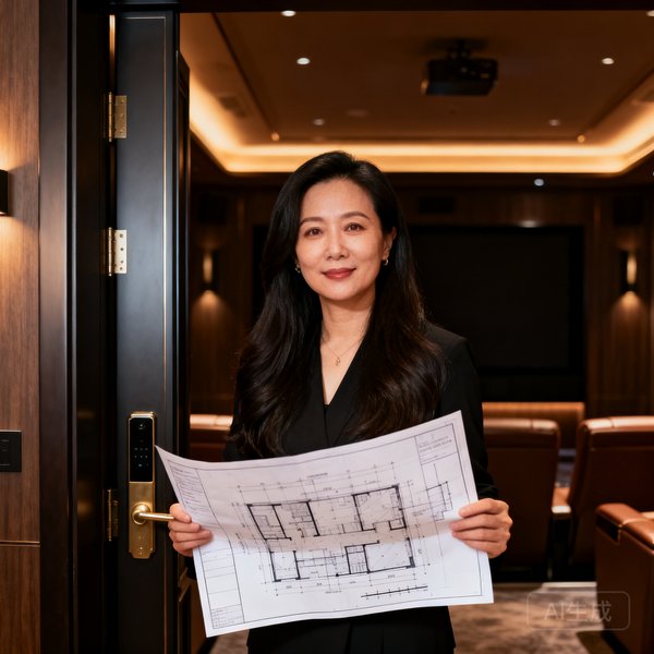 AG贵宾厅集团空间设计总监苏婉容女士，三十八岁，长发披肩，手持设计图纸站在一间贵宾厅影音室门前。